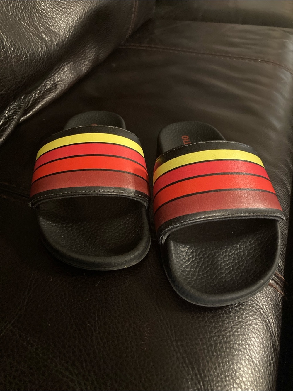Old Navy Kids Black Slide Sandals with Red and Yellow Stripes